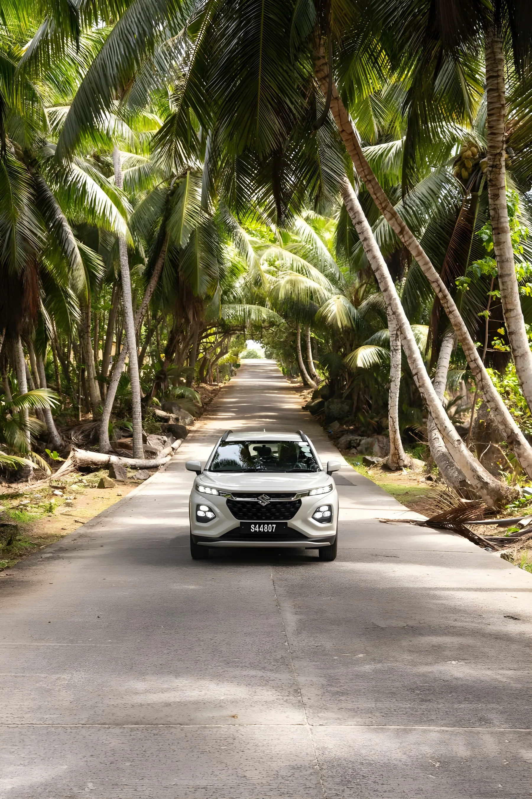 Suzuki Fronx driving down an avenue of leaning coconut palms